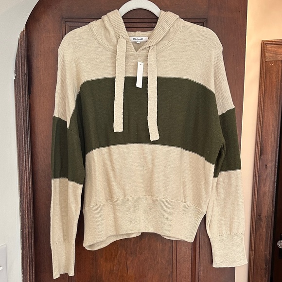 Madewell Sweaters - Madewell Cream and Olive Green Striped Hooded Sweater